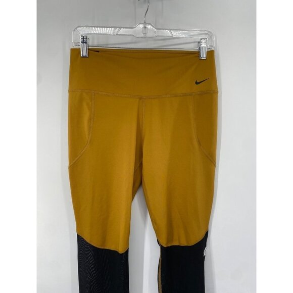 NIKE DRI-FIT SIZE LARGE MUSTARD YELLOW YOGA PANTS BLACK MESH - Picture 3 of 6